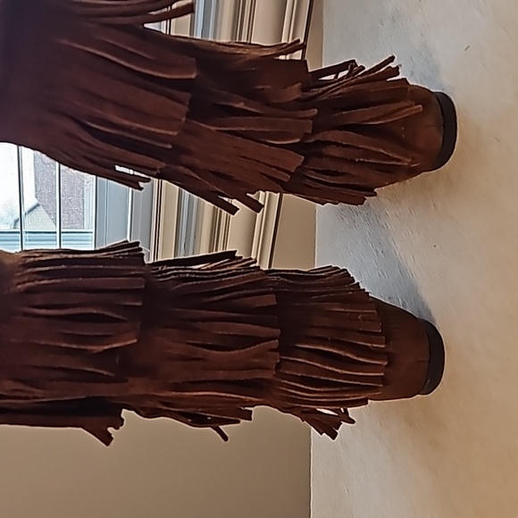 Minnetonka 3-Layer Fringe Calf High Boots 9 1632 camel brown suede boho moccasin - Picture 4 of 7